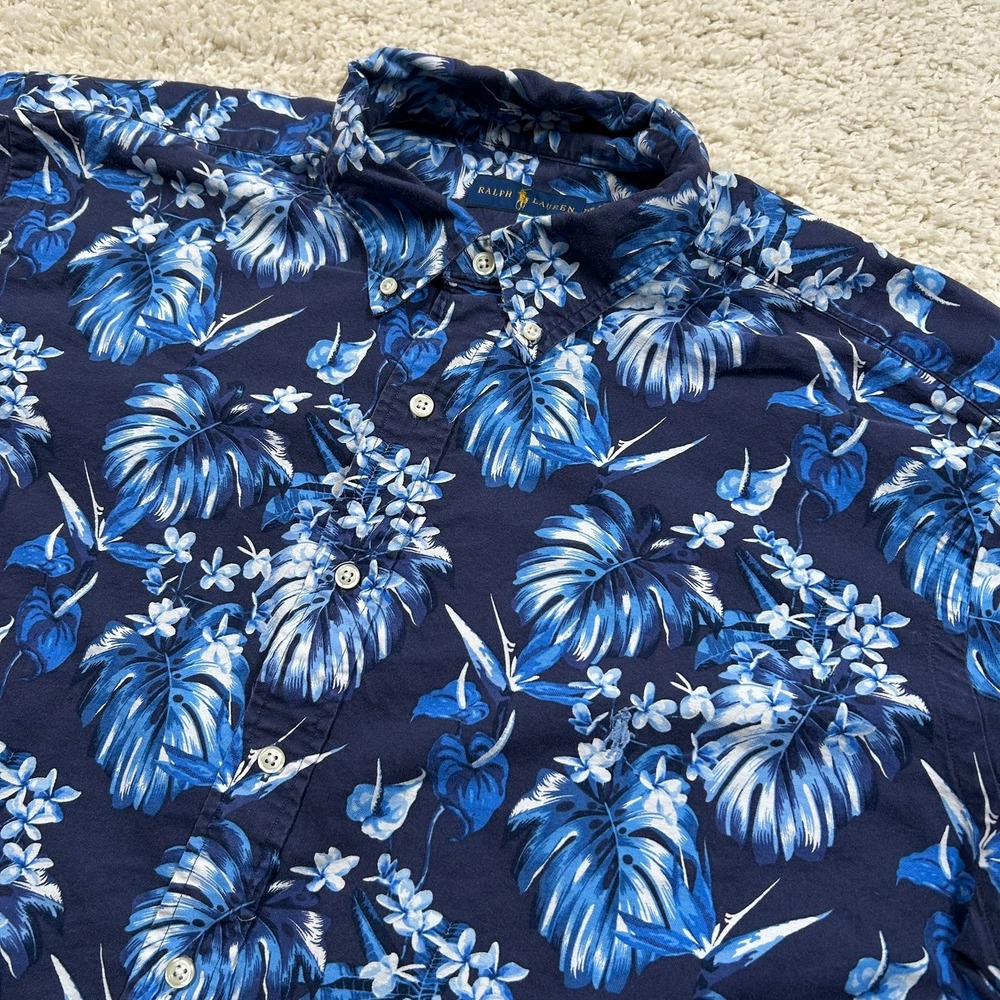 Ralph Lauren Button Down Shirt 2XB Blue Floral Hawaiian Cotton Short Sleeve
